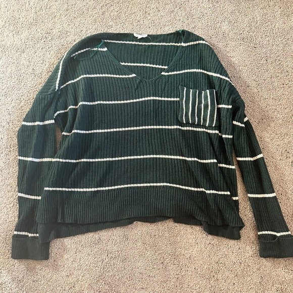 eesome Sweaters - ee:some Women's XL Green Striped V-Neck Pullover Knit Sweater Casual
